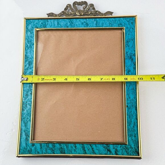 Vintage Turquoise Enamel & Brass Ribbon Bow Picture Frame 8x10 Ornate MCM Decor - Picture 9 of 9